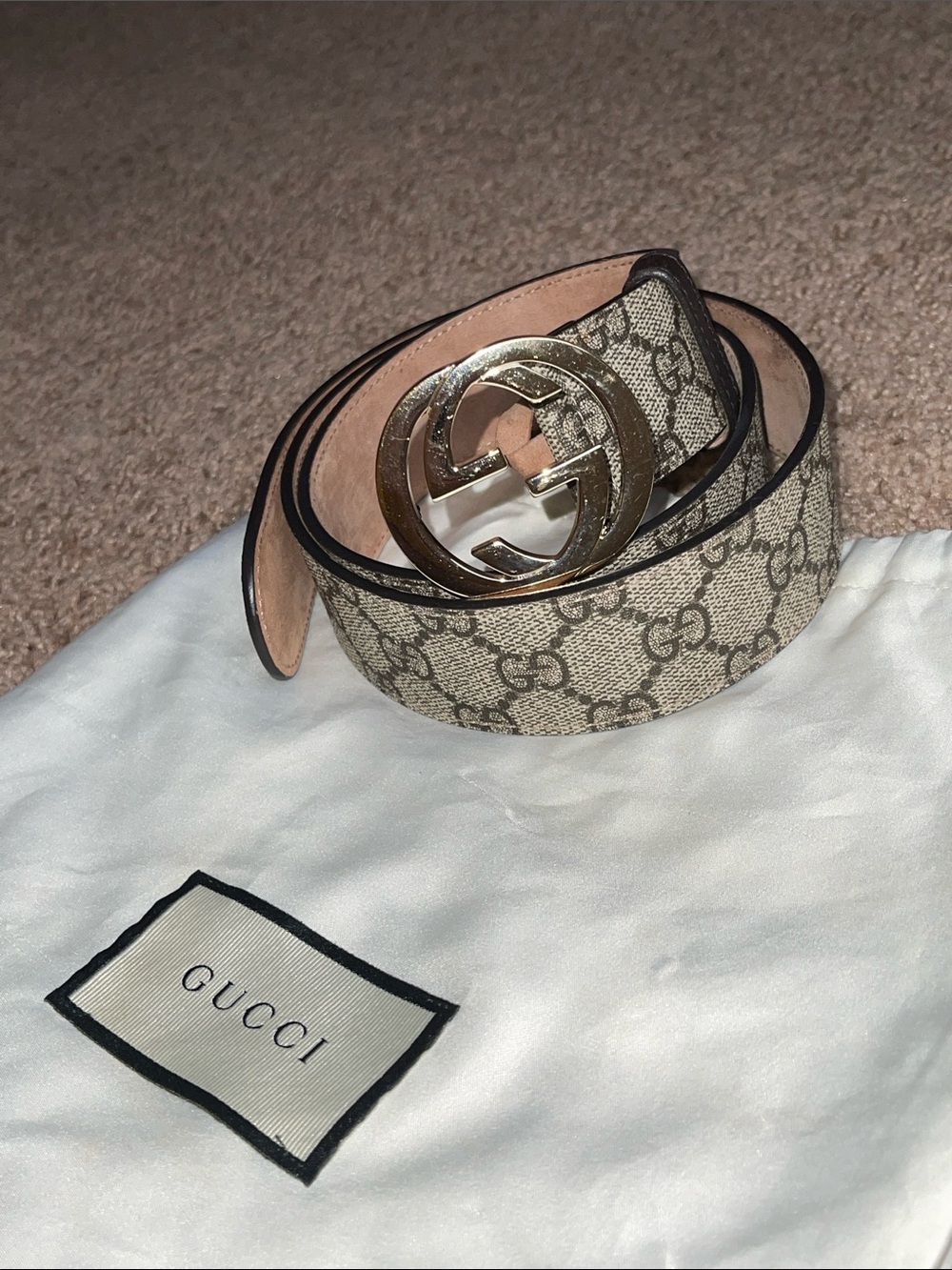 Gucci Interlocking GG Supreme Canvas Leather Belt Beige Women’s US 85/34 - Picture 3 of 16